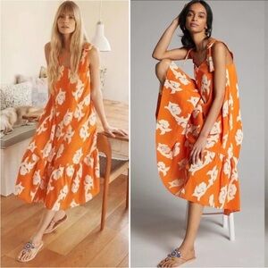 Anthropologie EXQUISE Phoebe Orange and White Floral Midi Dress Size M NWOT